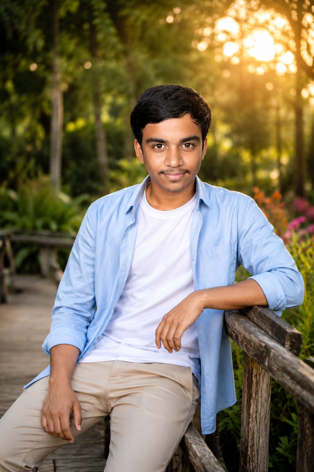 sitting casually on a wooden bridge ai image