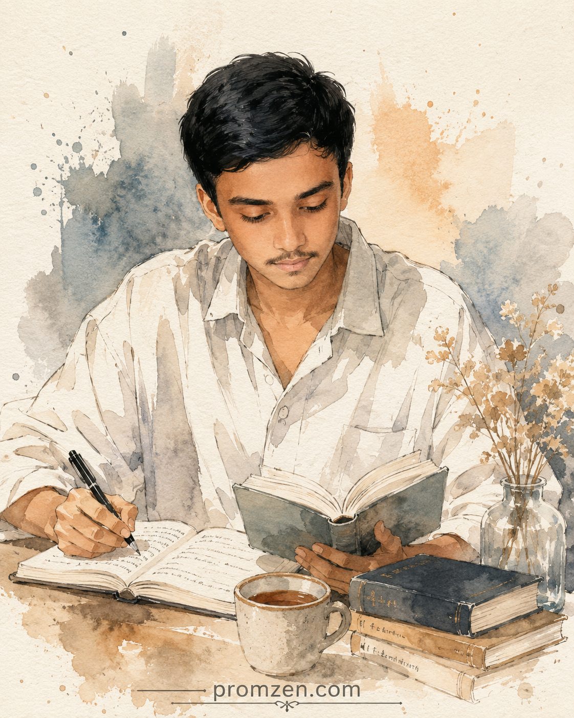 A minimalist watercolor illustration of a young man ai image