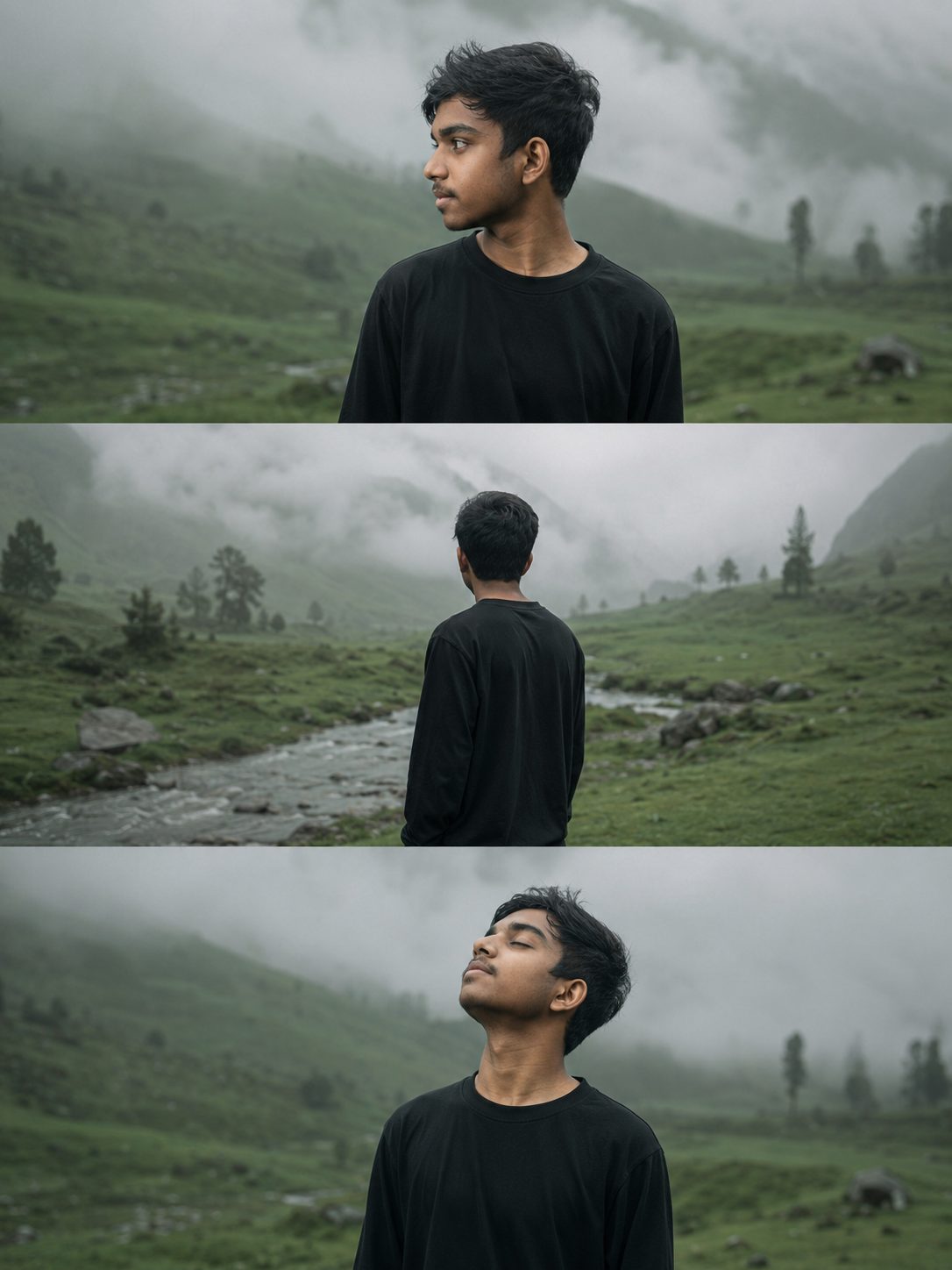 cinematic portrait collage of a young man standing alone in a vast misty